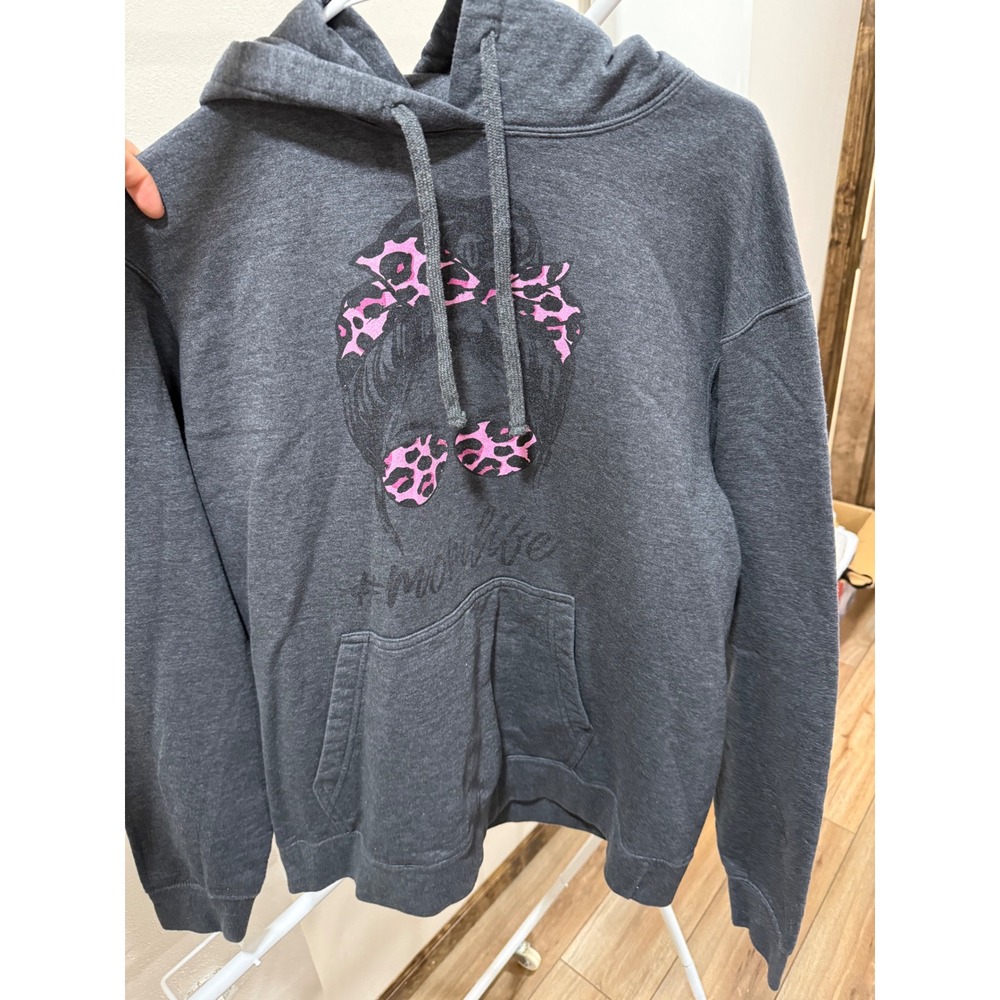 Port & Company Womens Messy Bun Mom Life Hoodie Pink Leopard Gray Large PC450H - Picture 1 of 3